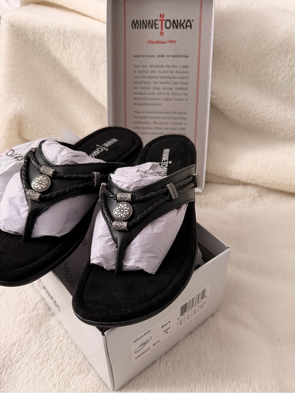 Minnetonka Black Braided Thong Sandals with Silver Conchos (Silverbay)